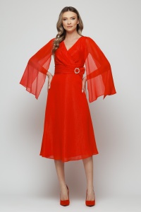 Rochie 'Claudine' midi roșie cu mâneci ample - Img 4