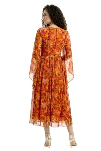 Rochie din mătase naturală cu imprimeu floral în nuanțe orange - Img 2