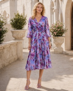 Rochie 'Elizabeth' lila cu imprimeu floral și detaliu floral în talie