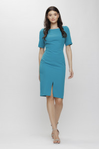 Rochie 'Fabiola' turquoise conică cu șliț frontal - Img 2