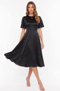 Rochie 'Mara' neagră midi satinată cu buline roz pudrat - Img 4