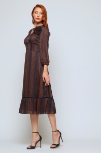 Rochie 'Mathilde 'din voal satinat cupru bleumarin și floare - Img 2