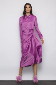 Rochie 'Maya' tip cămașă din satin cu fronseu - Img 4