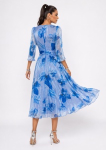 Rochie midi bleu cu imprimeu floral albastru și talie drapată - Img 6