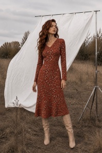 Rochie midi cărămizie cu imprimeu abstract și curea detașabilă - Img 2