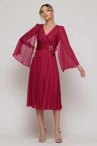 Rochie midi raspberry cu mâneci ample și cataramă cu cristale - Img 2