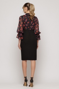 Rochie neagră cu imprimeu floral și guler tip fundă - Img 4