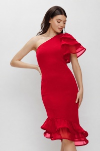 Rochie 'Rosalia' roșie asimetrică cu rijelină - Img 2
