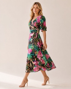 Rochie 'Sole' midi din vâscoză cu imprimeu tropical floral - Img 2