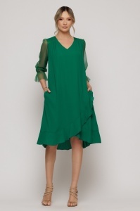Rochie verde închis cu mâneci din tulle sidefat si volane asimetrice