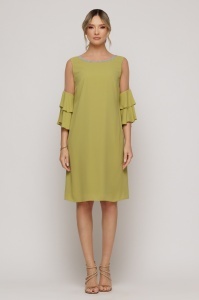 Rochie verde lime cu umeri transparenți și mâneci cu volane ample - Img 4