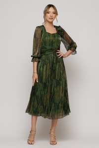 Rochie verde plisată cu inserții aurii și detaliu floral - Img 2
