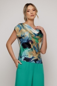 Top satinat cu print multicolor și decolteu drapat - Img 4