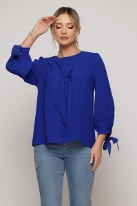 Bluză elegantă albastru regal cu fundă - Img 3