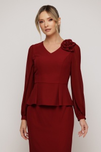 Compleu elegant bordeaux cu bluză cu peplum și fustă conica - Img 5