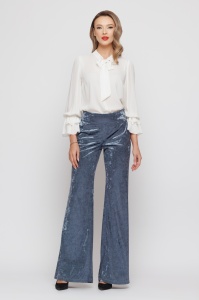 Pantaloni 'Charlize' evazați din catifea albastru denim - Img 1