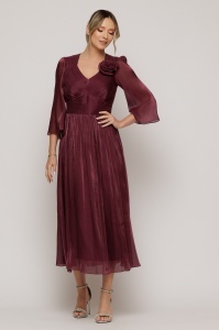 Rochie 'Ava' burgundy din voal sidefat cu floare decorativă - Img 6