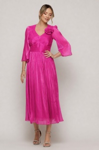 Rochie 'Ava' roz fucsia din voal sidefat cu floare decorativă
