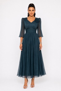 Rochie 'Ava' turquoise închis din voal sidefat cu floare decorativă