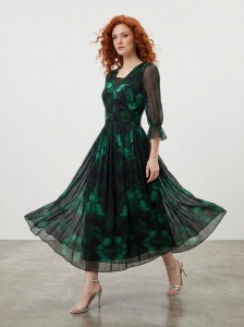 Rochie 'Aveline' lungă din mătase naturală imprimată floral cu pliseuri - Img 2