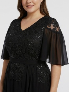 Rochie 'Daria' neagră midi din voal cu broderie și paiete - Img 2