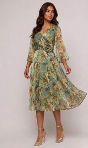 Rochie 'Elizabeth' verde cu imprimeu floral și detaliu floral în talie