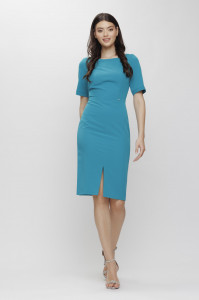 Rochie 'Fabiola' turquoise conică cu șliț frontal - Img 1