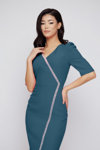 Rochie 'Karen' asimetrică turquoise cu umeri proeminenți - Img 1