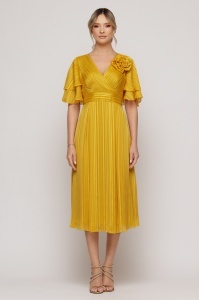 Rochie 'Leea' galbenă din voal plisat și floare decorativă - Img 2