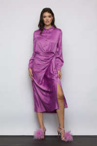 Rochie 'Maya' tip cămașă din satin cu fronseu - Img 1