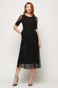 Rochie midi cu basc si umeri transparenti