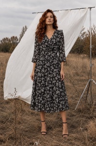 Rochie midi din voal cu imprimeu floral alb-negru și volane - Img 2