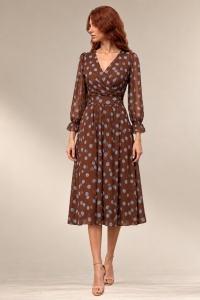 Rochie midi maro din voal cu fir irizant si buline bleu - Img 3
