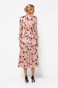 Rochie midi roz cu imprimeu floral și inserții din dantelă neagră - Img 6