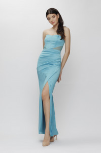 Rochie 'Serena' turquoise din tafta și inserții din tulle sidefat - Img 2