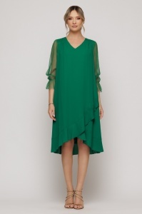 Rochie verde închis cu mâneci din tulle sidefat si volane asimetrice - Img 4