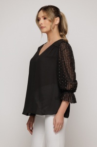 Bluză neagră elegantă cu mâneci din tulle brodat - Img 3