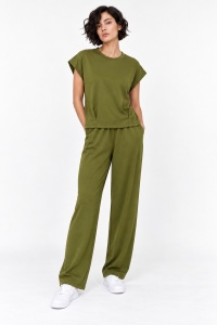 Pantaloni ampli verde olive cu talie elastică