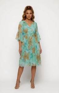 Rochie 'Arielle' turquoise din voal mătăsos cu imprimeu floral - Img 2