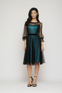 Rochie 'Betty' din tulle sidefat și material satinat turquoise - Img 2