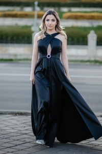 Rochie 'Christine' neagră lungă din tafta cu decupaj - Img 10