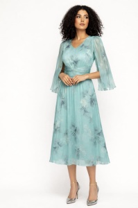 Rochie 'Dhalia' bleu din voal plisat imprimat floral