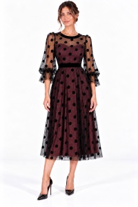 Rochie midi bordeaux cu tulle negru și buline