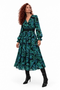 Rochie midi din voal cu imprimeu floral turquoise și inserții din dantelă