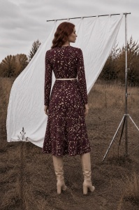 Rochie midi grena cu imprimeu abstract și curea detașabilă - Img 3