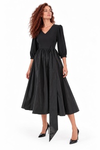 Rochie neagră cu fustă din tafta și bandă in talie - Img 3