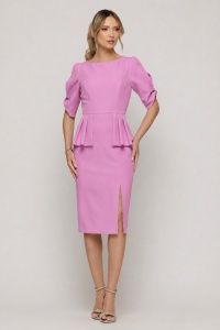 Rochie 'Sia' roz pastel cu peplum și mâneci cu decupaj - Img 2