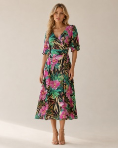 Rochie 'Sole' midi din vâscoză cu imprimeu tropical floral - Img 3