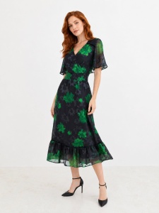 Rochie 'Sonia' din voal cu imprimeu floral verde și volan - Img 2