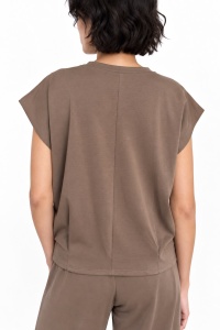 Top mocha deschis din tricot cu mâneci scurte ample - Img 3
